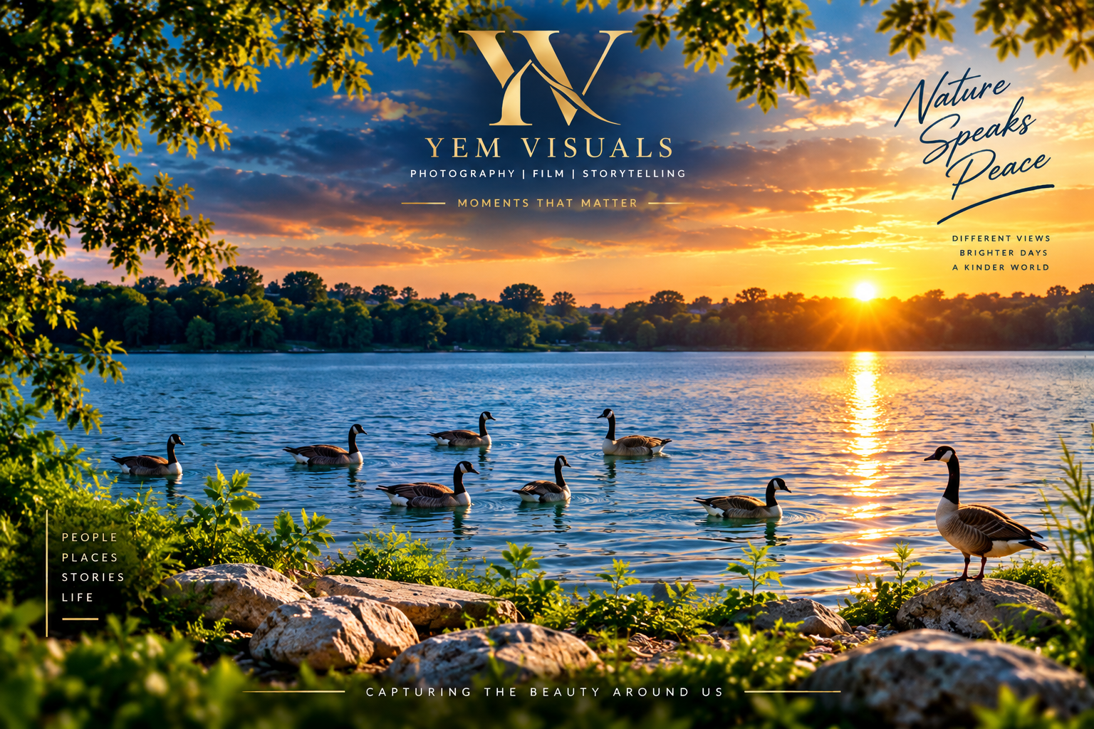 Geese moving across a calm lake beneath a golden sunset.