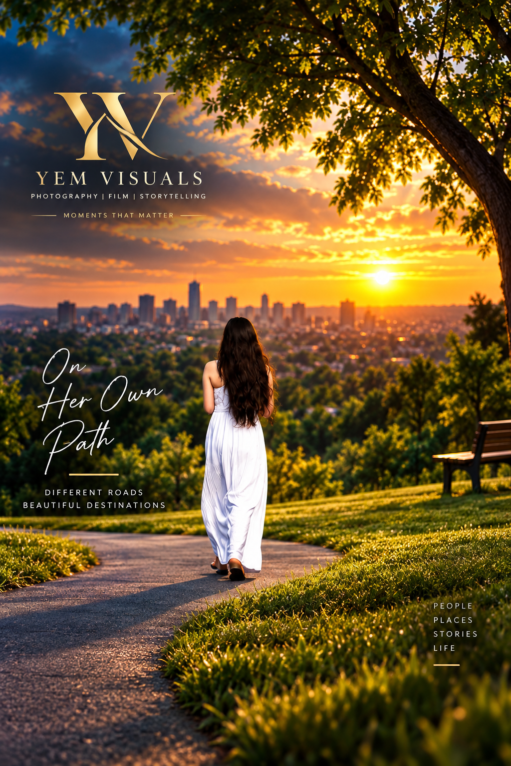 Woman walking along a park path toward a sunlit city skyline.