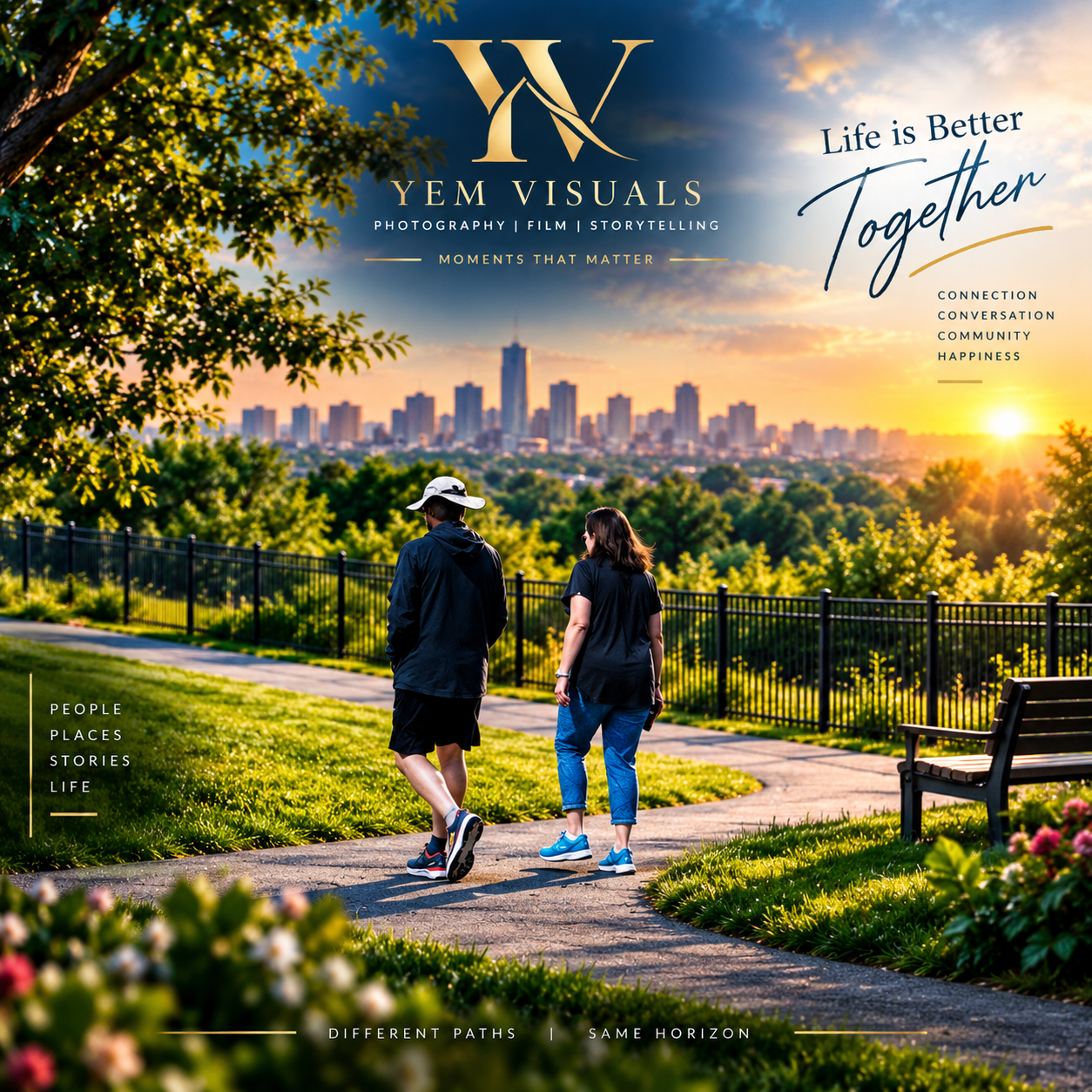 Two people walking together through a park overlooking a city at sunset.