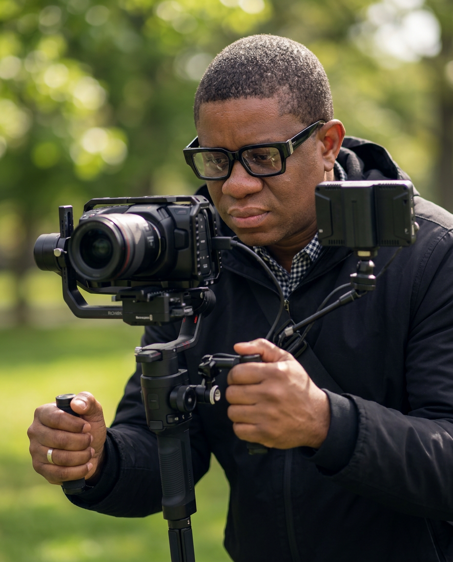 YEM filming with a cinema camera on a gimbal stabiliser