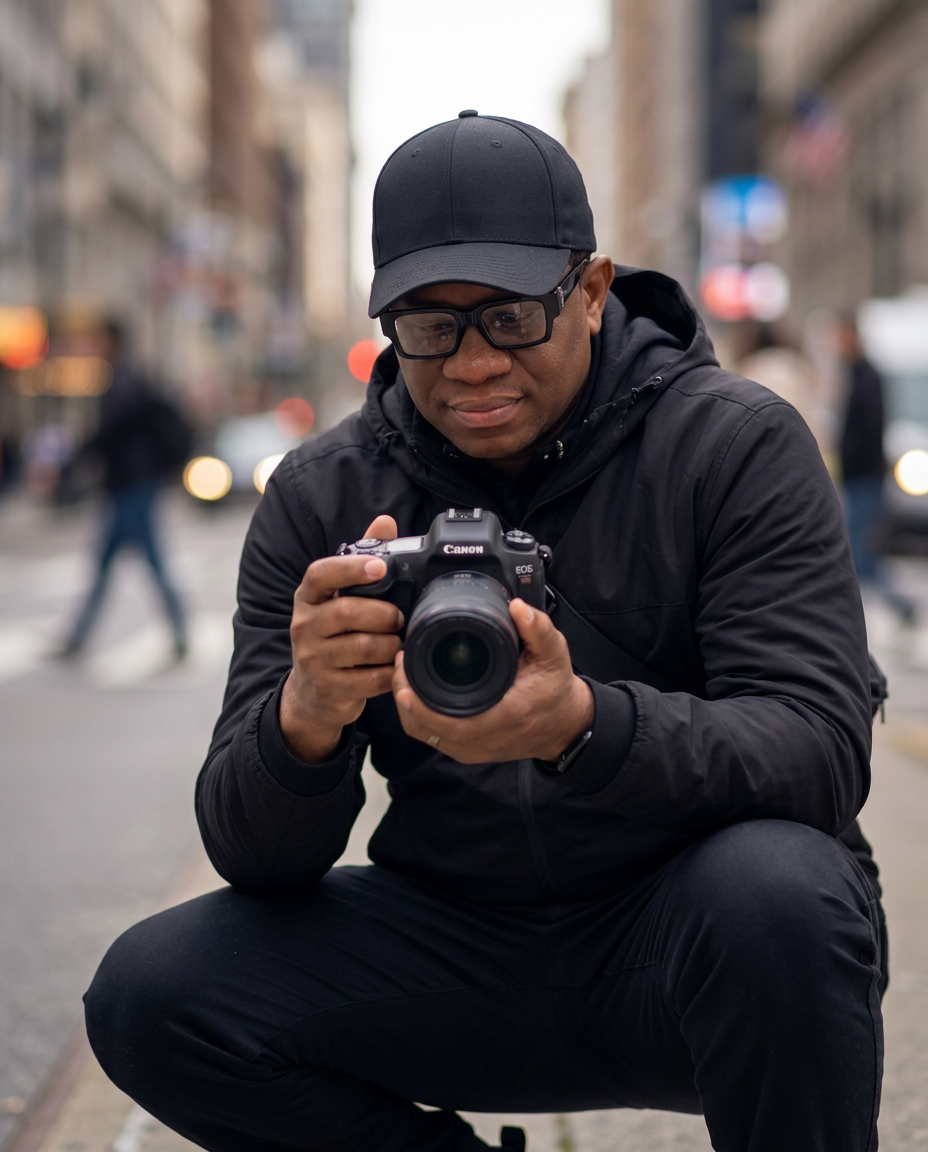 YEM crouching low, reviewing a frame on his camera