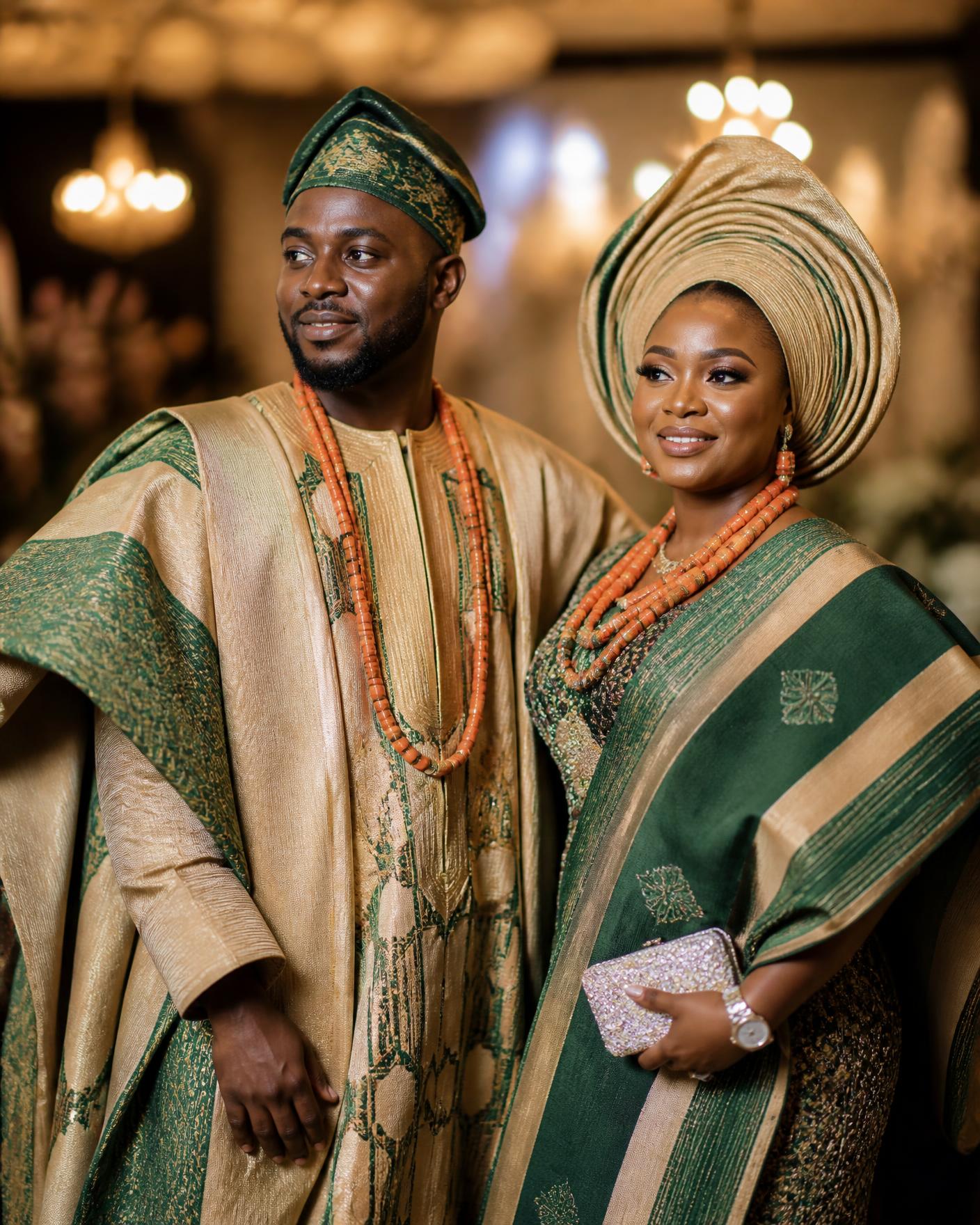 Yoruba couple in gold aso-oke and gele at their traditional wedding